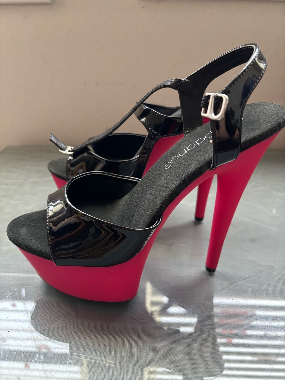 Black Patent & Hot Pink Platform Sandals with Ankle Strap